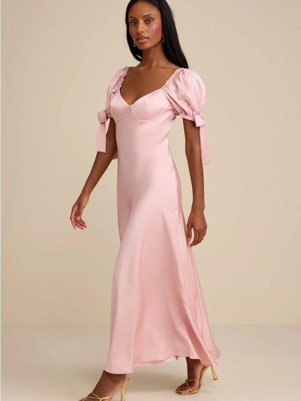 Lulus Santa Marta Blush Pink Satin Puff Sleeve Bow Maxi Dress Size S NWT